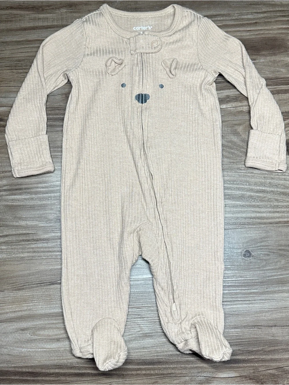 Carter's Cream Ribbed Teddy Bear Face 3M Footed One-Piece